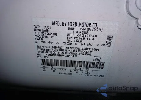 2021 Ford Explorer Timberline z USA, uszkodzony, nr VIN 1FMSK8JH6MGC18412